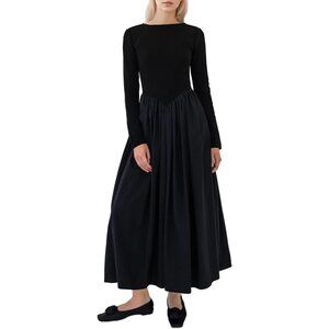 Women Maxi Dress Cotton Blend Long Sleeve Boat Neck Drop Waist Casual